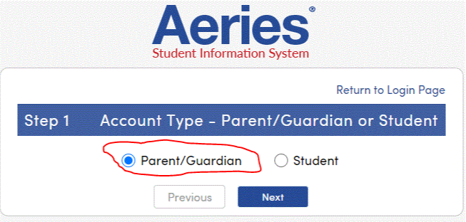parent/guardian account type screen shot