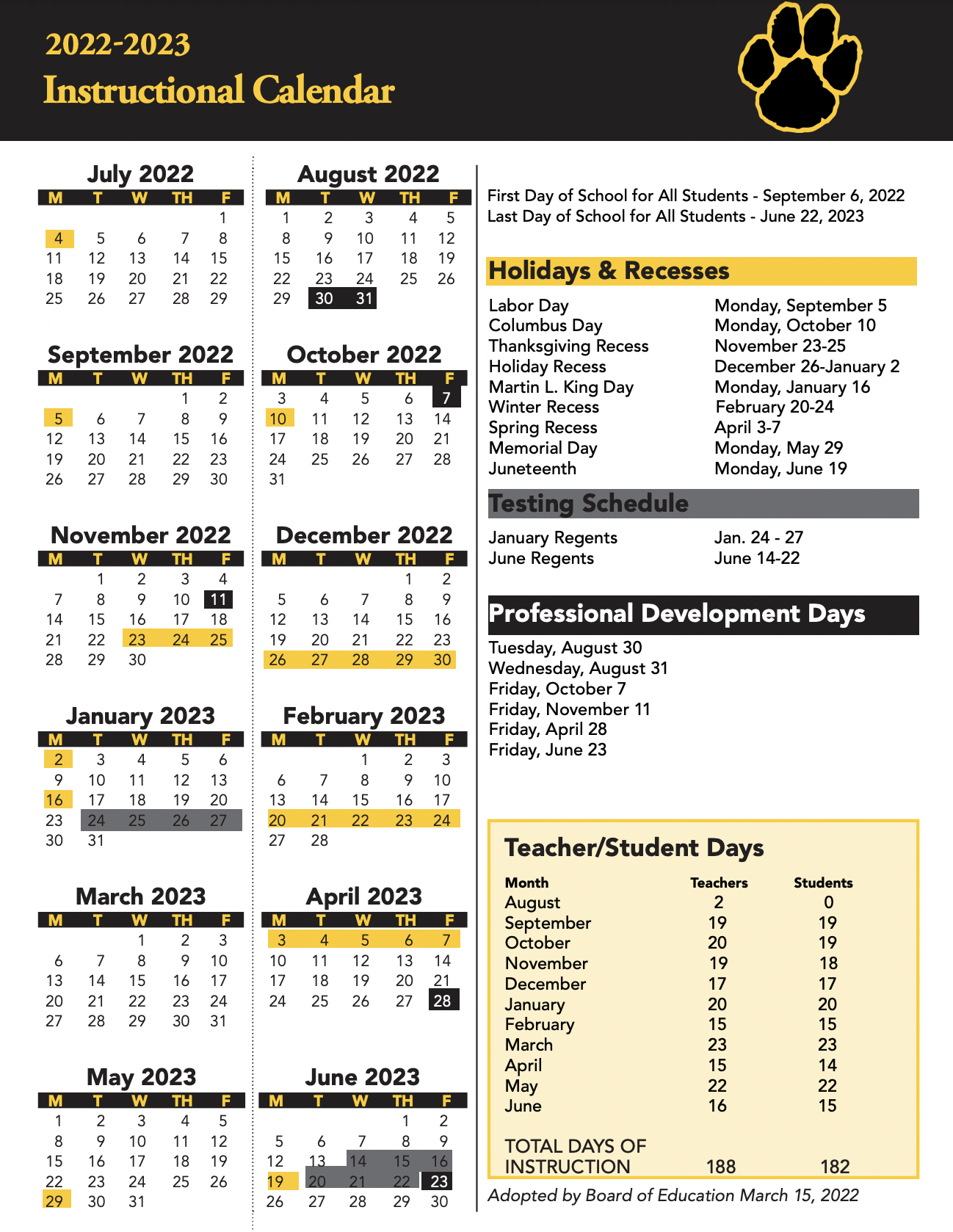 Instructional Calendars | Honeoye Falls-Lima Central School District