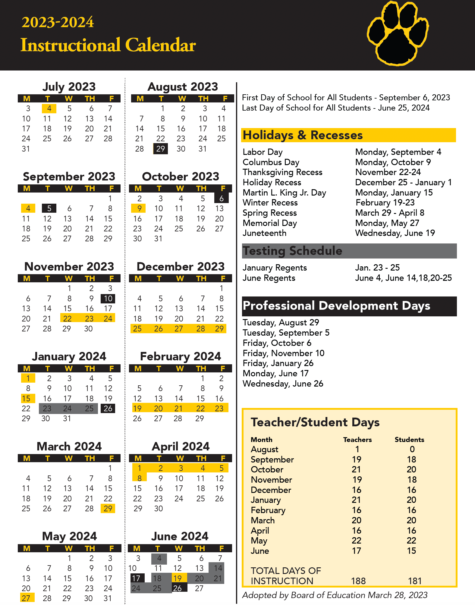 Instructional Calendars | Honeoye Falls-Lima Central School District