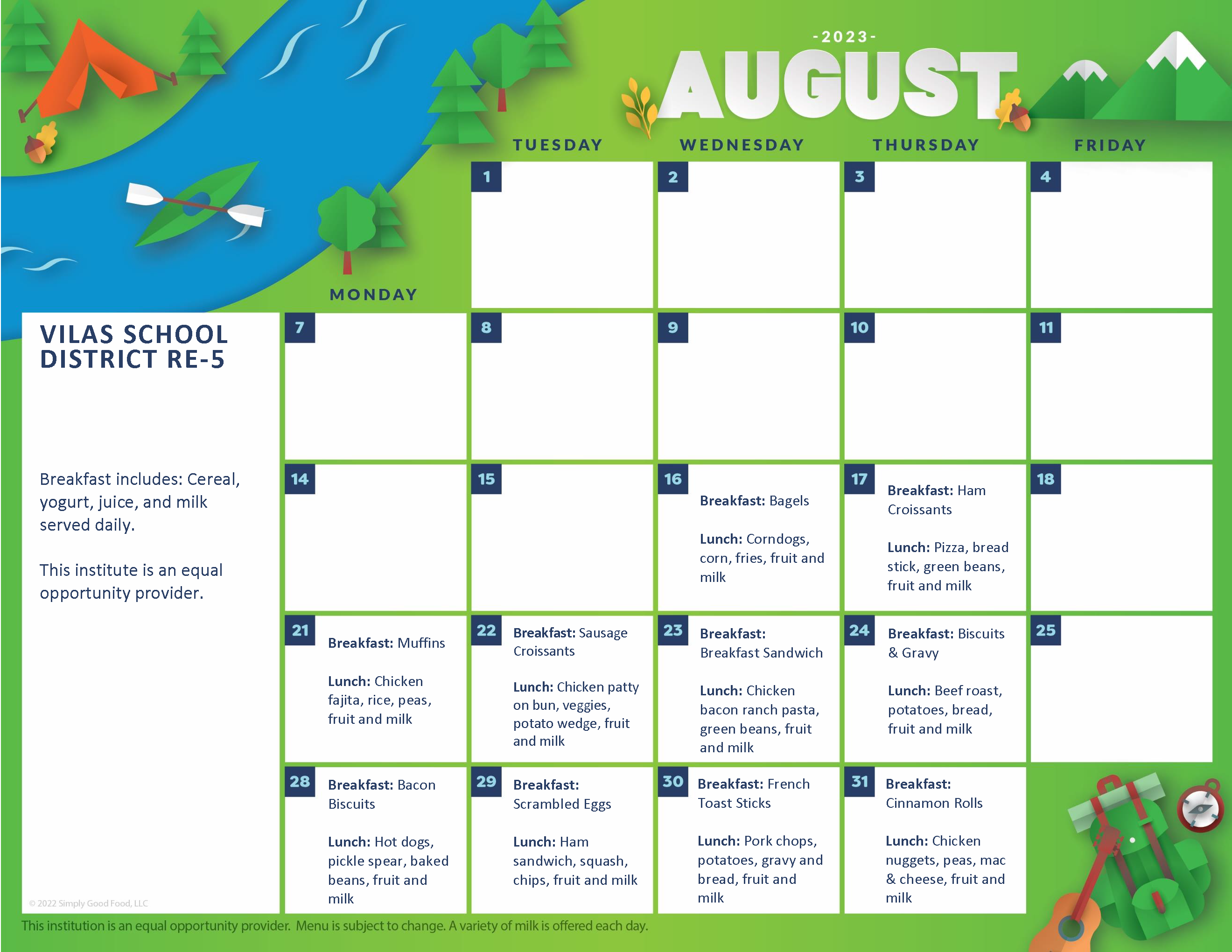 meal calendar for august