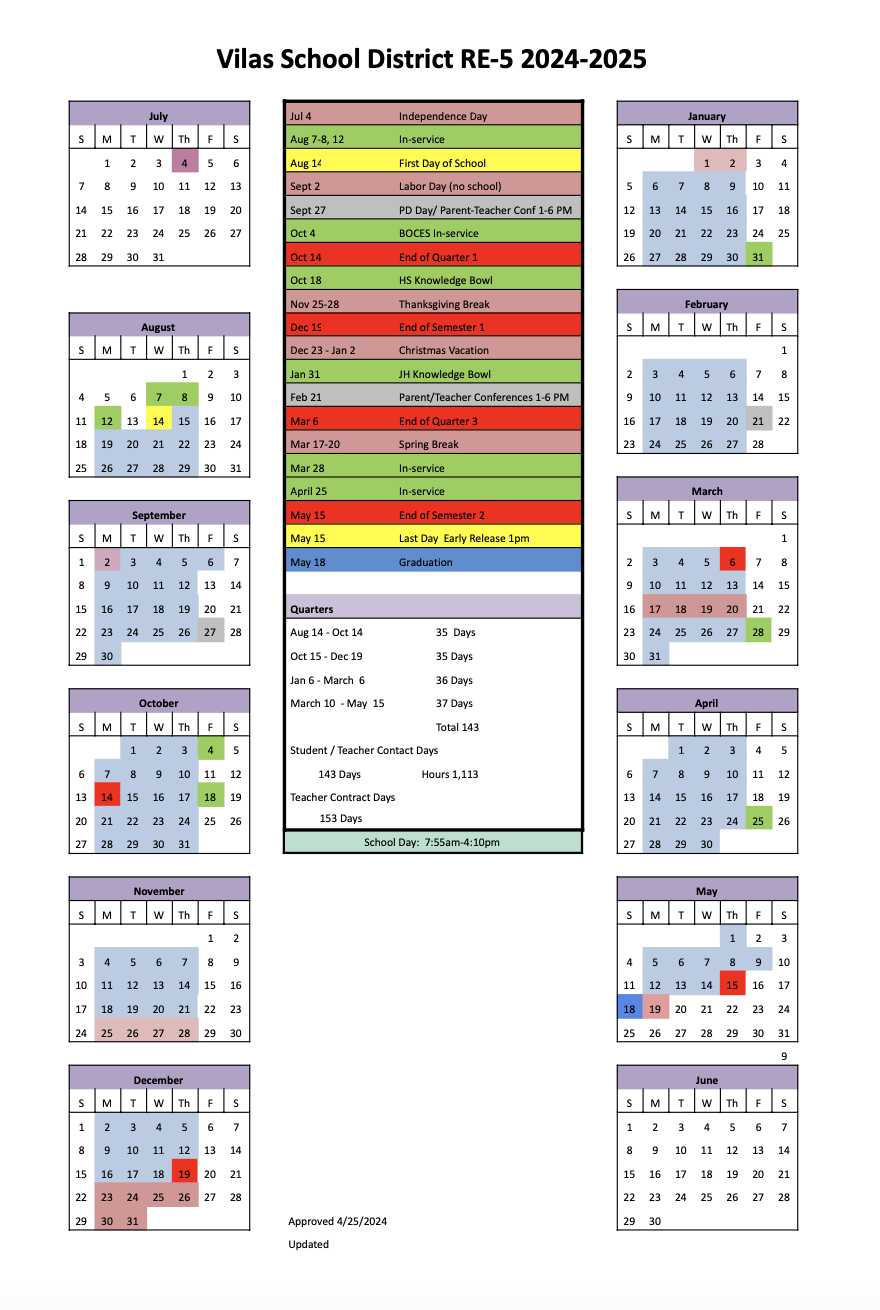 Approved District Calendar 2024-2025 | Vilas School District RE-5