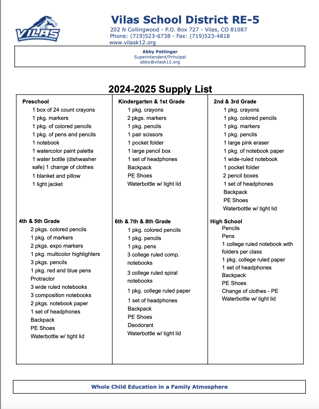 2024/2025 School Supply List