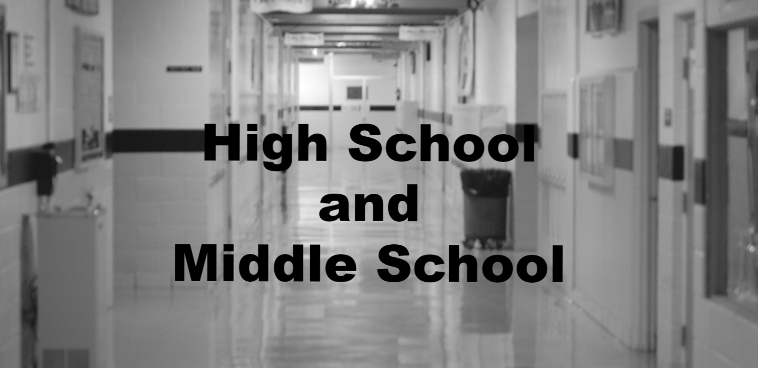 Image of an empty school hallway with the text High School and Middle School on top