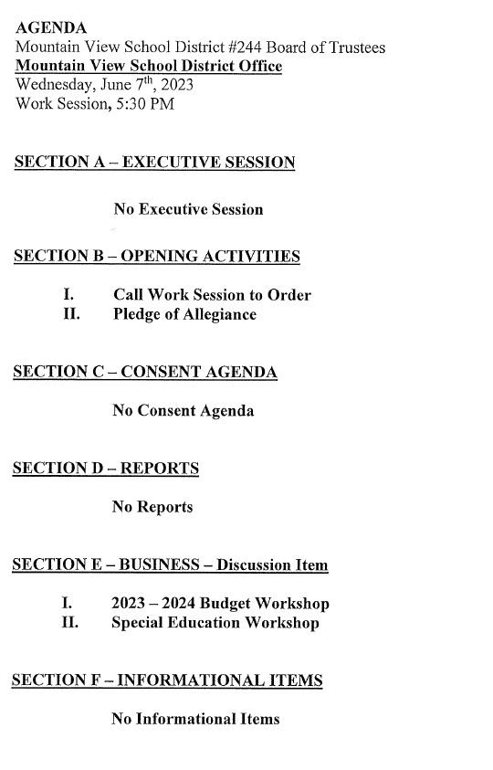 Special Board Meeting Agenda 05/16/2023