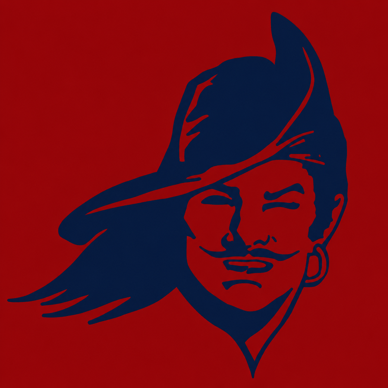 A faceless figure in a hat, possibly a mascot, is shown against a red background.