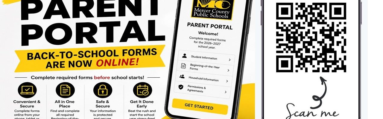 An advertisement for Mercer County Public Schools, featuring a QR code and a phone with a yellow and white interface.
