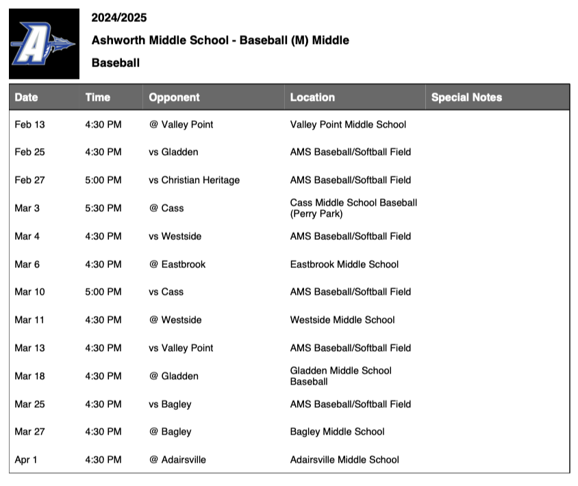 baseball schedule