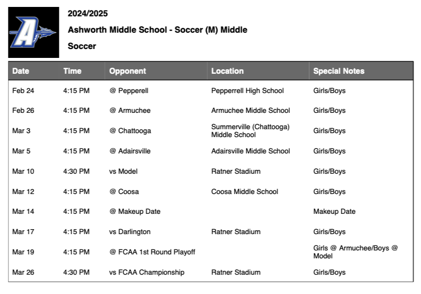 soccer schedule