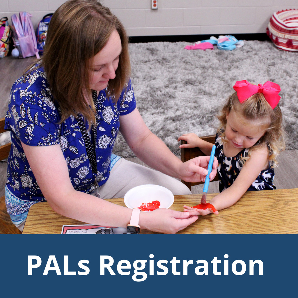 Pals Registration Information Button : Picture of an adult and student finger painting