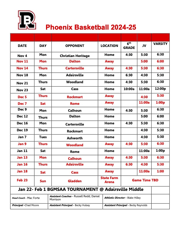 Boys Basketball Schedule 24-25