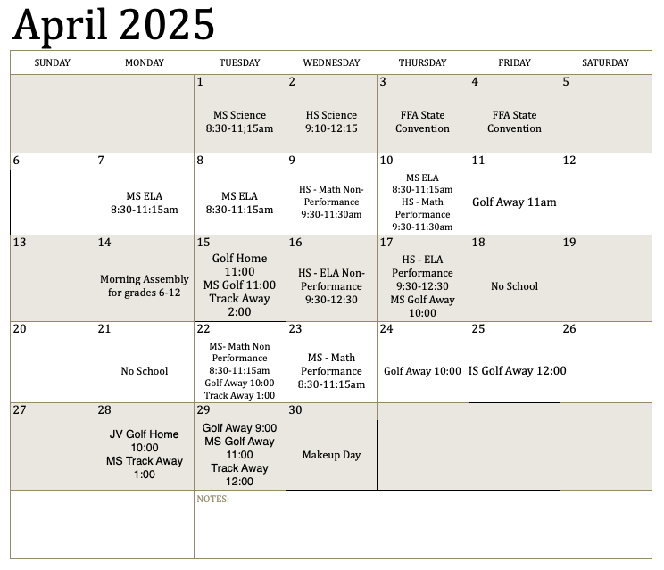 MS/HS Testing Schedule
