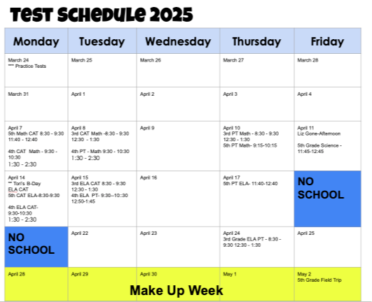 Elementary Testing Schedule