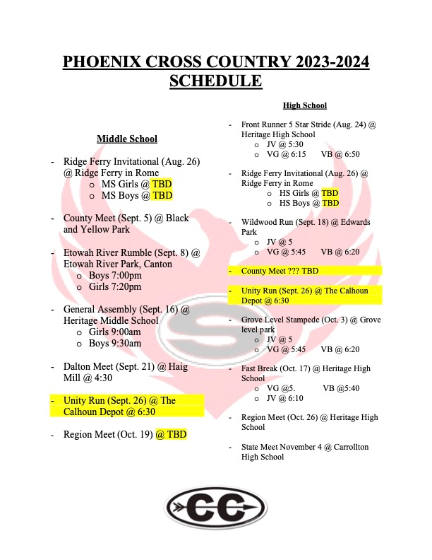 2023 SHS Cross Country Schedule