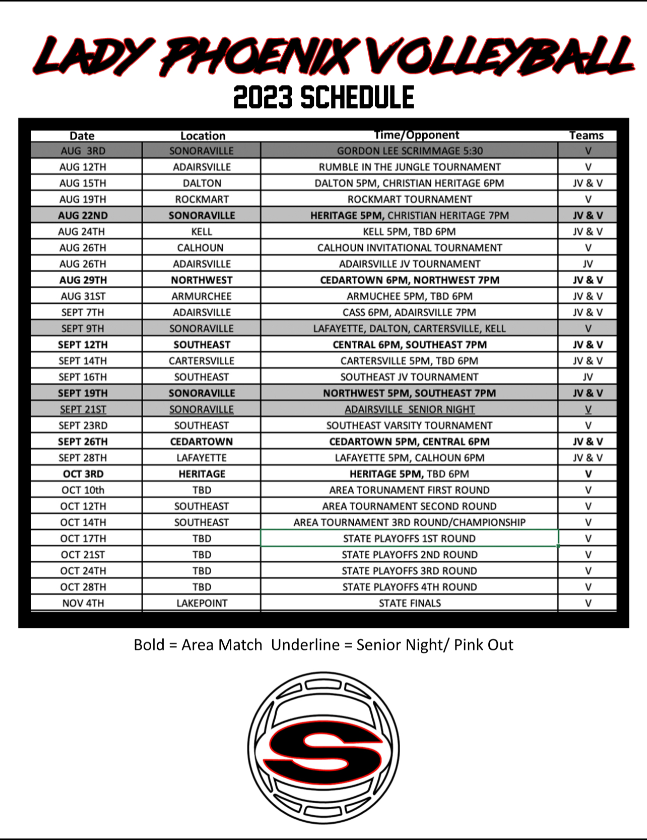 2023 SHS Volleyball Schedule
