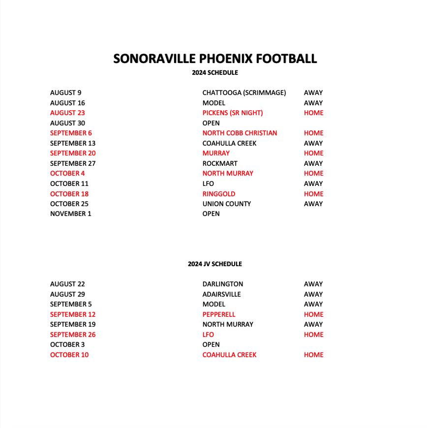 2024 SHS Football Schedule