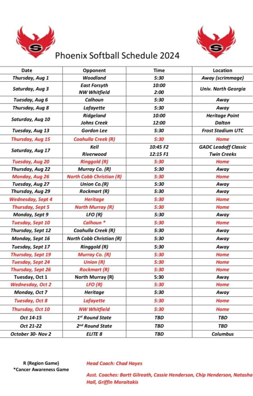 2024 SHS Softball Schedule