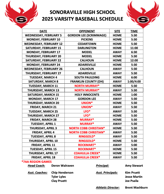 SHS Baseball 2025 Schedule