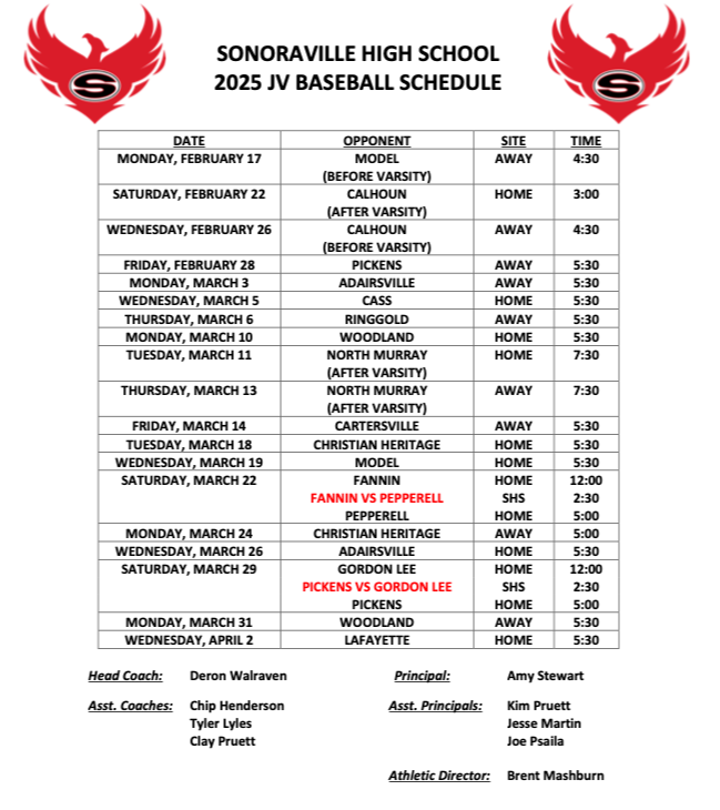 SHS Baseball 2025 Schedule