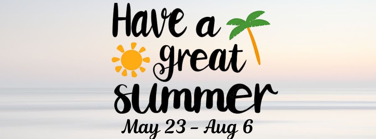 The image says: “Have a great summer” in a playful handwritten font, decorated with a yellow sun and a green palm tree on a light gray background.