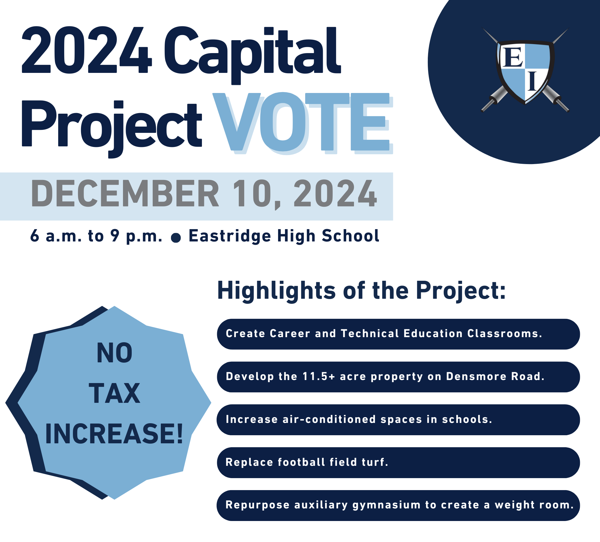 2024 Capital Project Vote, December 10, 2024, 6 am to 9pm, Eastridge High Schoo, No Tax Increase.  Highlights of the project: Create career and technical education classrooms, develop the 11.5+ acre property on Densmore Road, Increase Air-conditioned spaces in schools. Replace football field turf, Repurpose uxiliary gymnasium to create a weight room.  