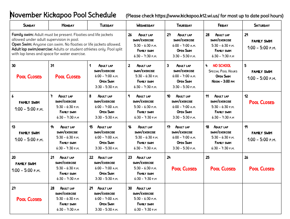 November 2022 Pool Schedule
