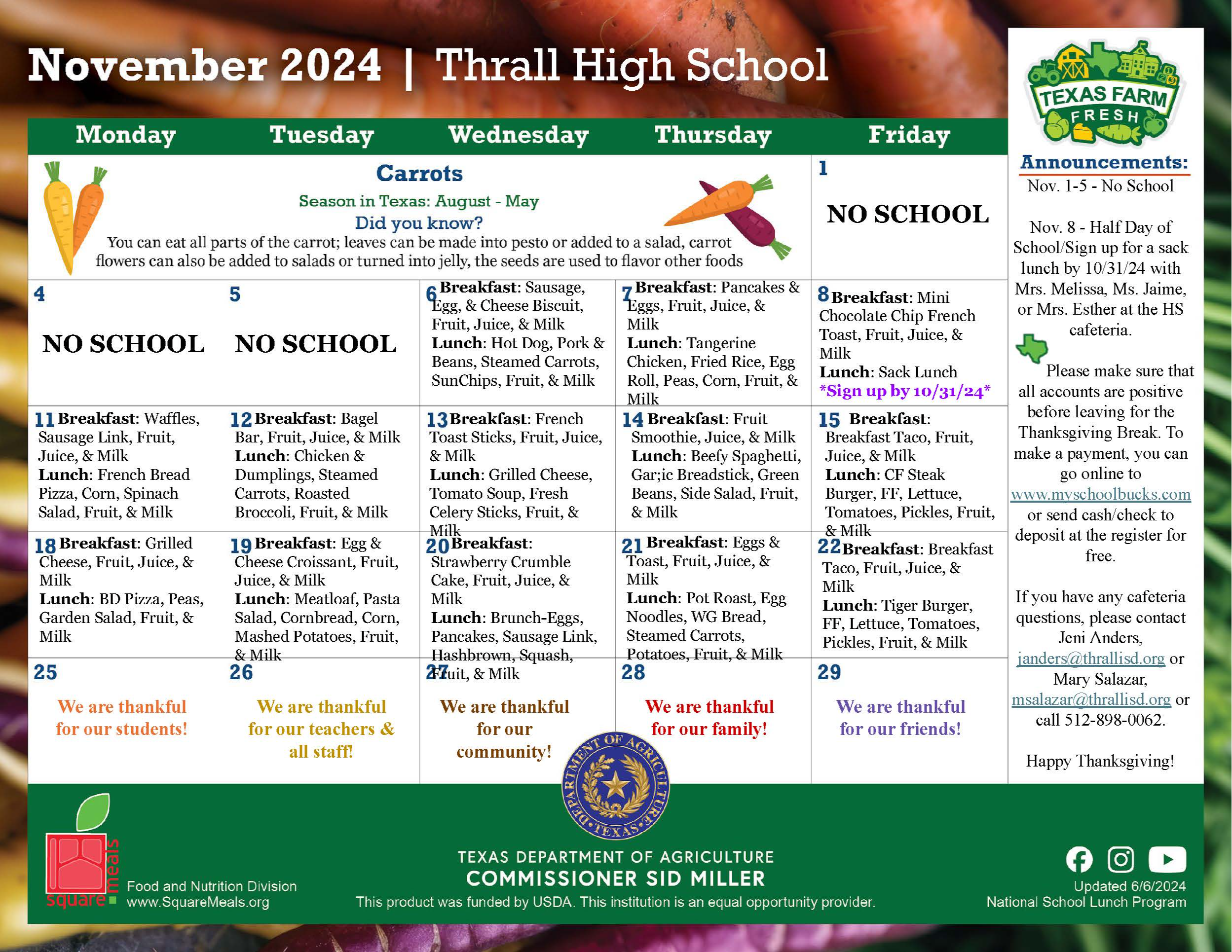 November Menu High School