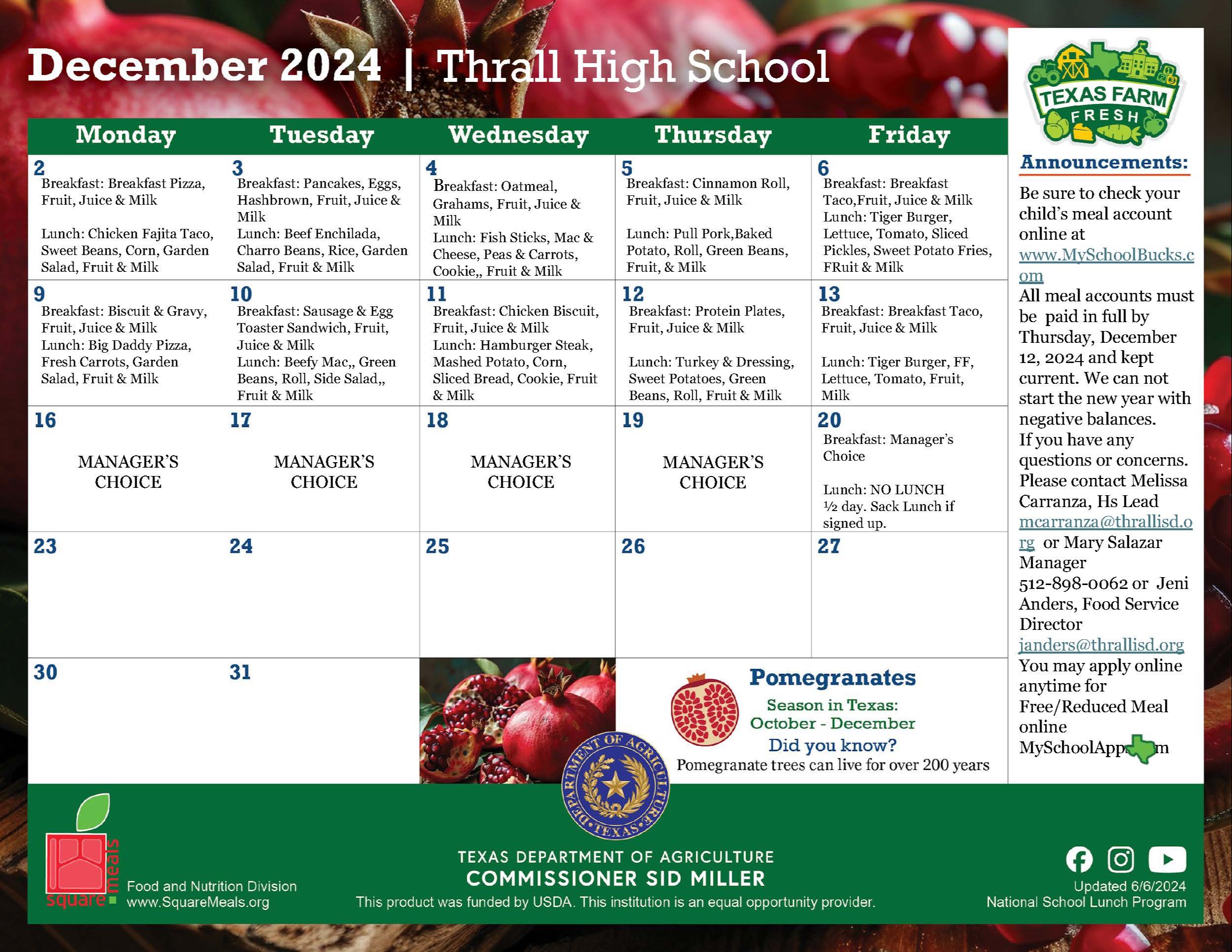 December Menu High School