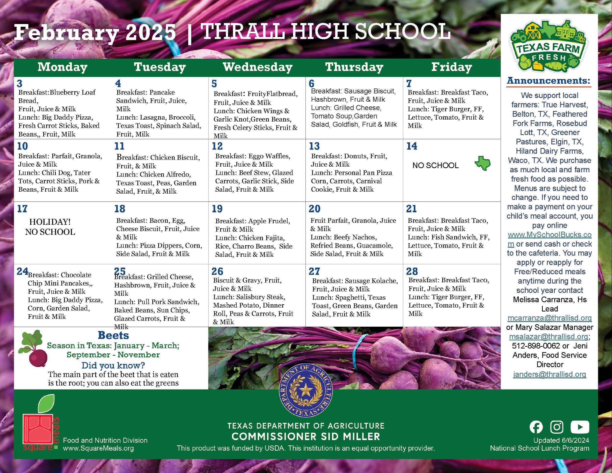 February  Menu High School