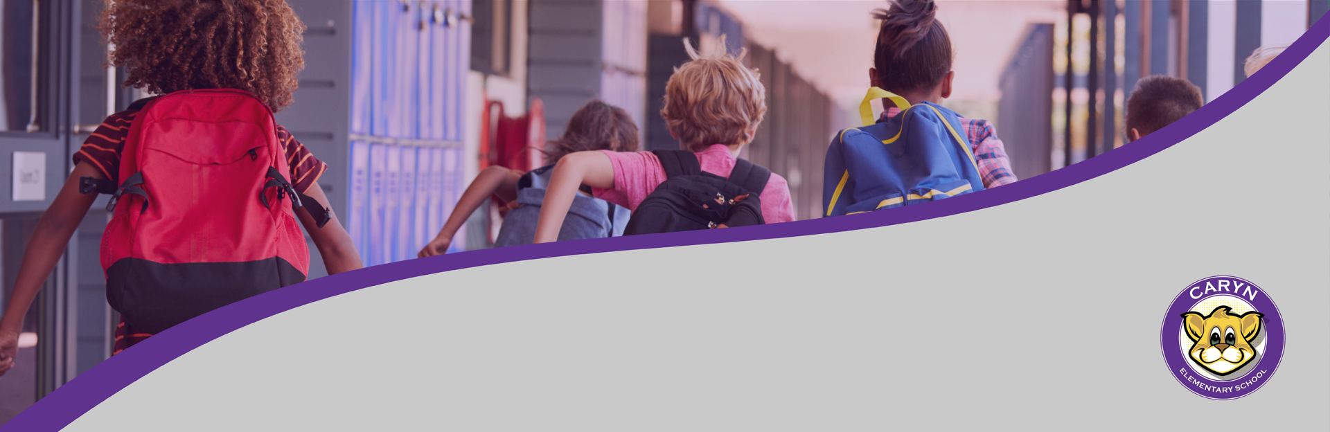 Five children walking down school hallway with Caryn Elementary School logo in bottom right