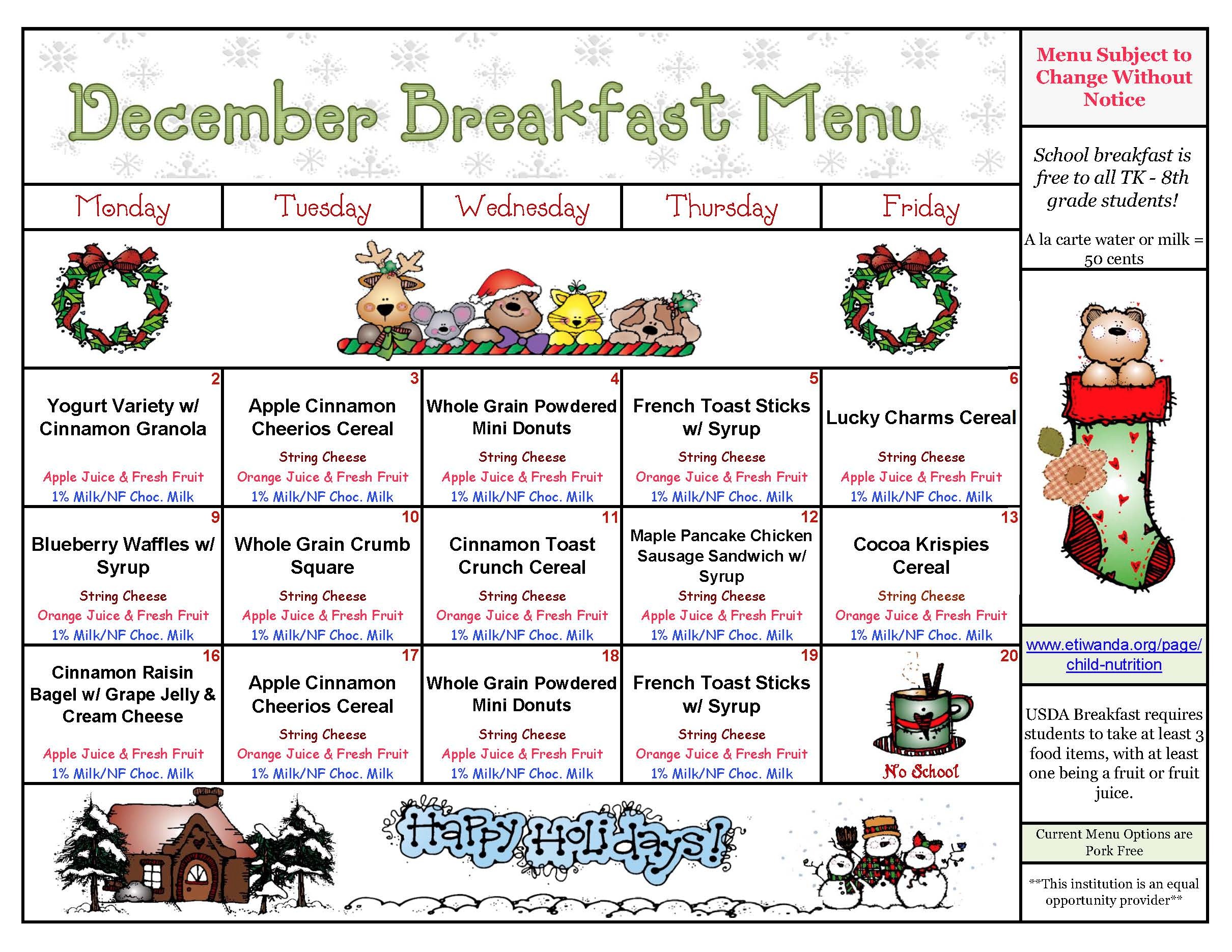 December Breakfast Menu