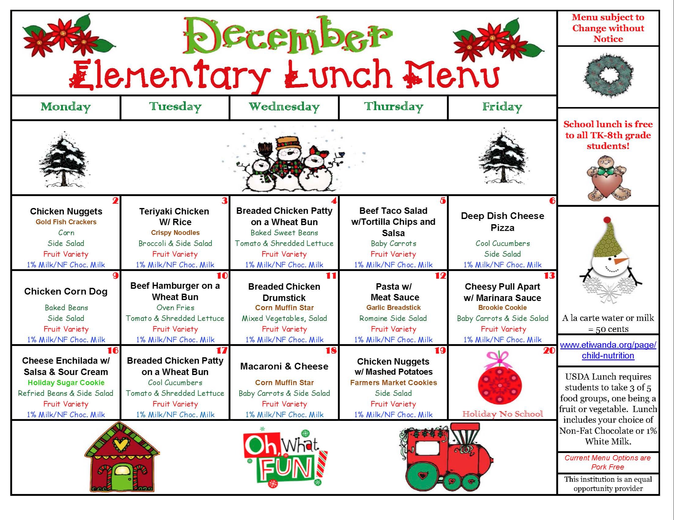 December Lunch Calendar