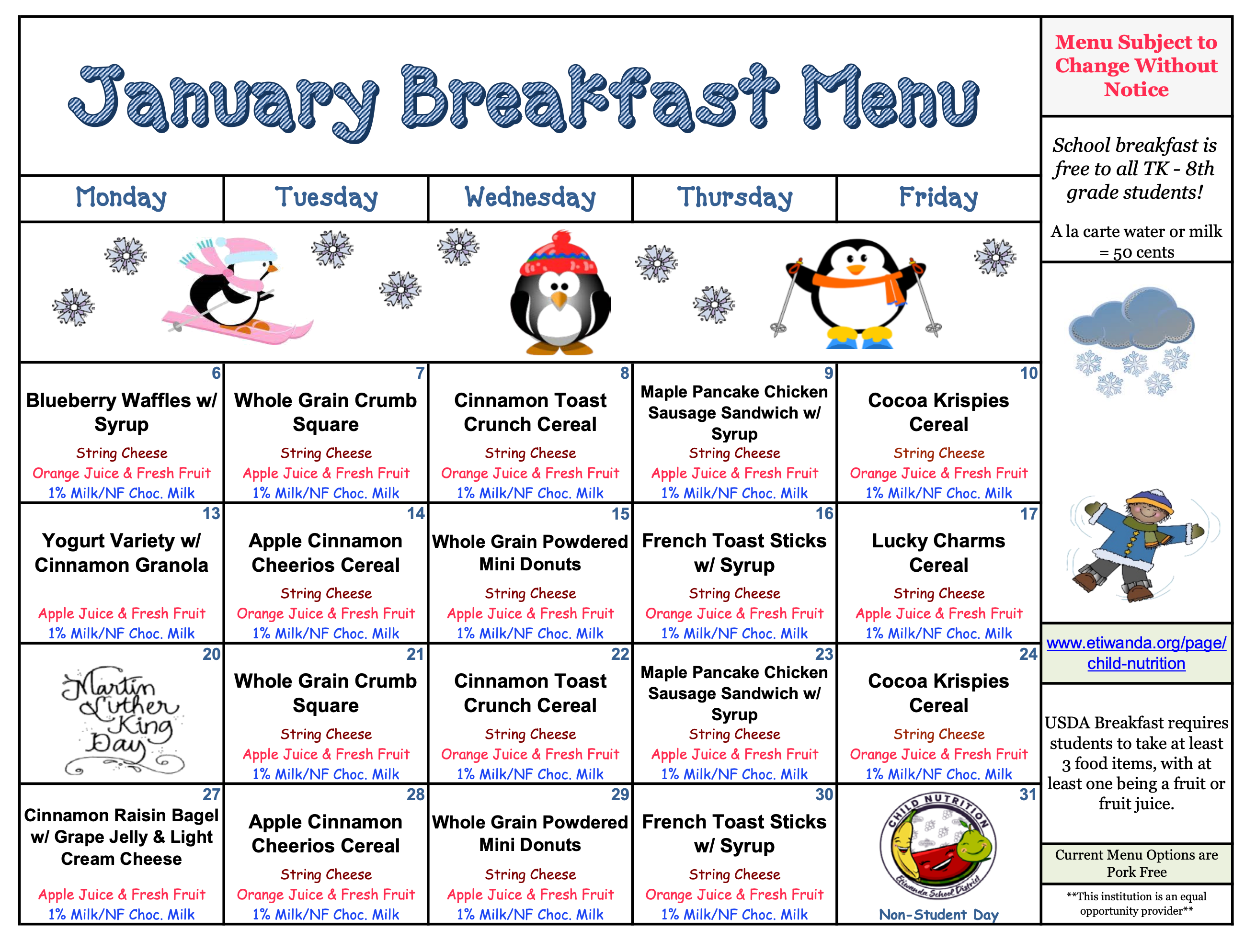 January Breakfast Menu