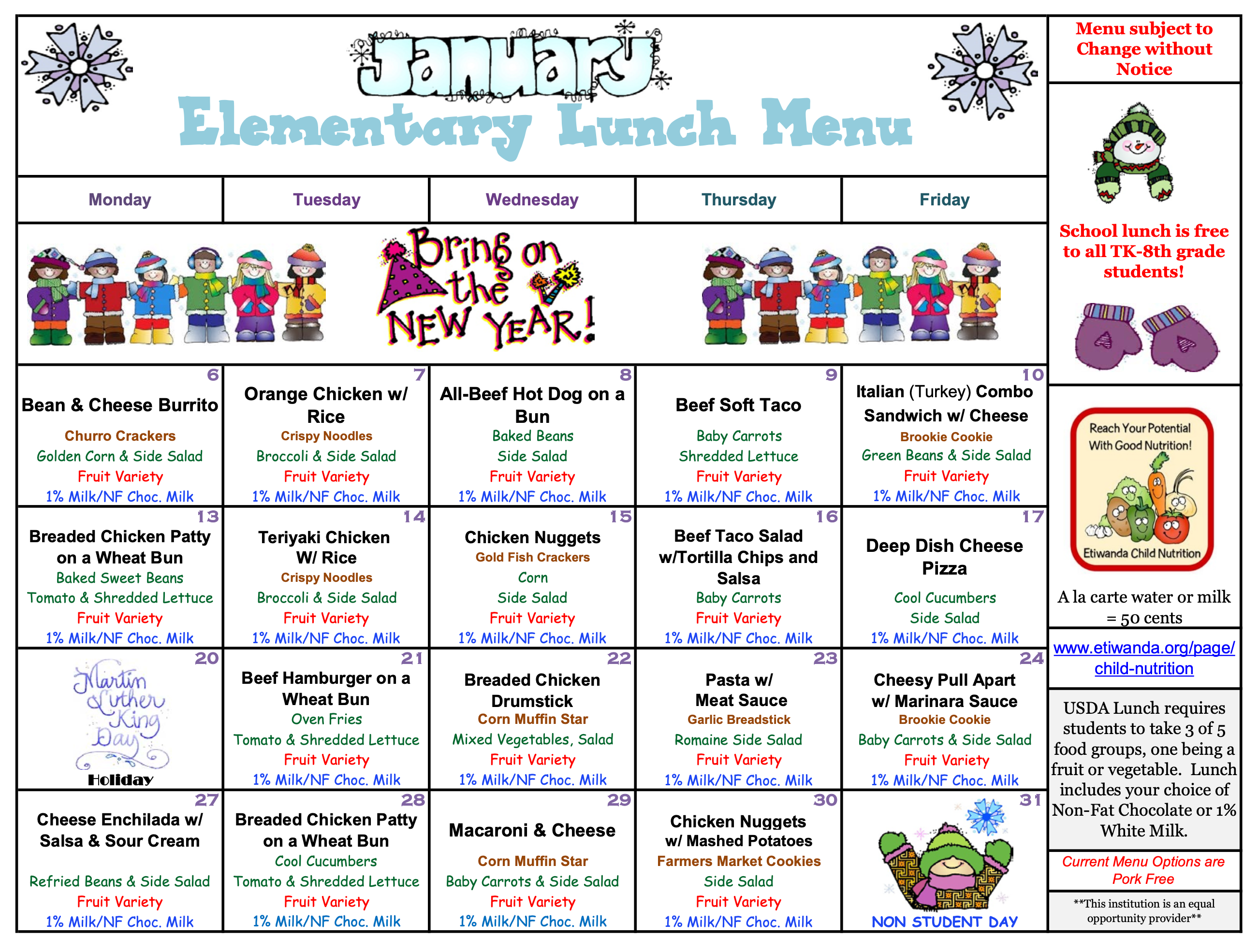 January  Lunch Calendar