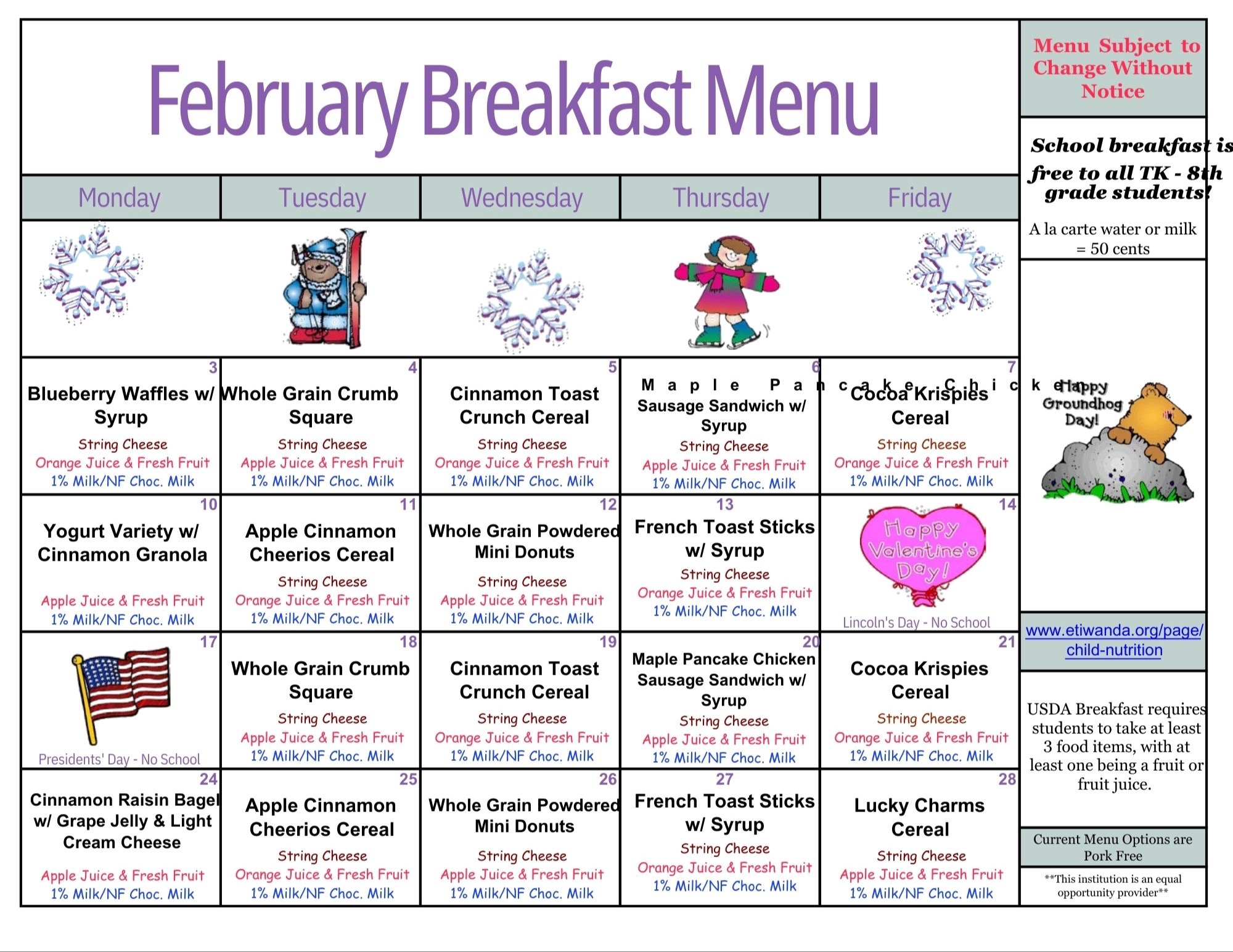 February Breakfast Menu