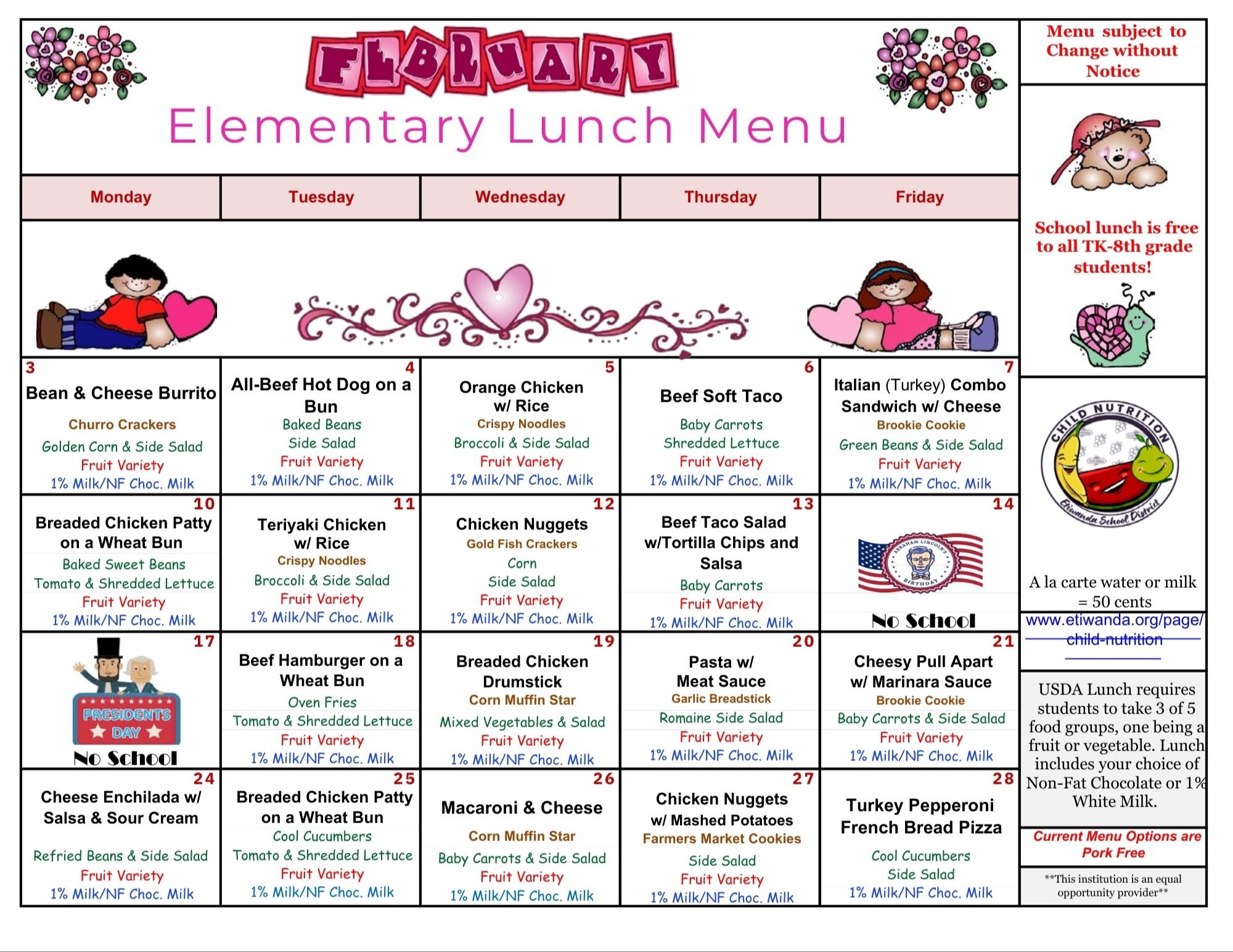 February  Lunch Calendar