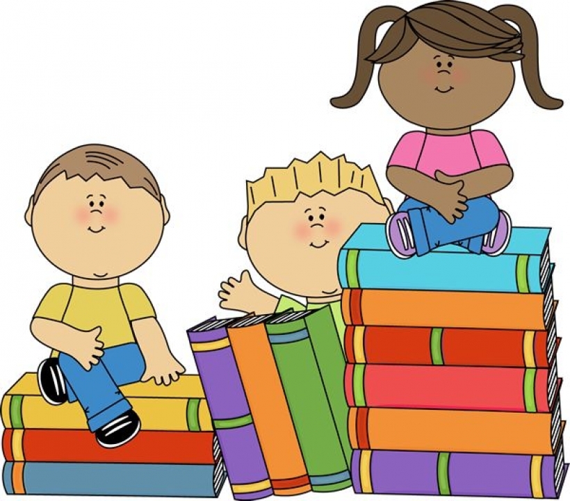 Illustration of young students sitting on piles of books