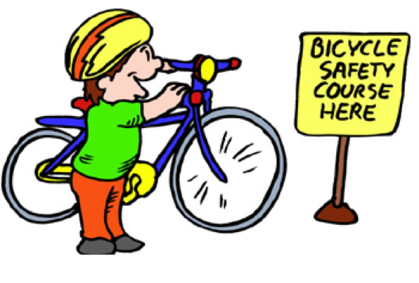 A cartoon child with a bicycle looking at a sign reading "bicycle safety course here"