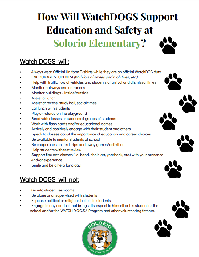   How Will WatchDOGS Support Education and Safety at  Solorio Elementary?   Watch DOGS  will:     	   Always wear Official Uniform T-shirts while they are on official WatchDOG duty. ENCOURAGE STUDENTS! (With lots of smiles and high fives, etc.) Help with traffic flow of vehicles and students at arrival and dismissal times Monitor hallways and entrances Monitor buildings - inside/outside  Assist at lunch  Assist at recess, study hall, social times Eat lunch with students  Play or referee on the playground  Read with classes or tutor small groups of students  Work with flash cards and/or educational games Actively and positively engage with their student and others Speak to classes about the importance of education and career choices Be available to mentor students at school Be chaperones on field trips and away games/activities Help students with test review Support fine arts classes (i.e. band, choir, art, yearbook, etc.) with your presence               And/or experience Smile and be a hero for a day!   Watch DOGS  will not:  Go into student restrooms Be alone or unsupervised with students  Espouse political or religious beliefs to students Engage in any conduct that brings disrespect to himself or his student(s), the             school and/or the WATCH D.O.G.S.® Program and other volunteering fathers.      