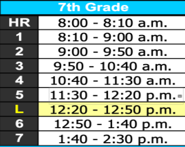 the 7th grade bell schedule, with L from 12:20 to 12:50 highlighted