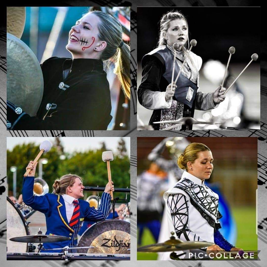 Action Shots from Drum Corps: (Top Left) Gold DBC 2016, (Top Right) Blue Devils B DBC 2017, (Bottom Left) The Academy DBC 2018, (Bottom Right) The Academy DBC 2019