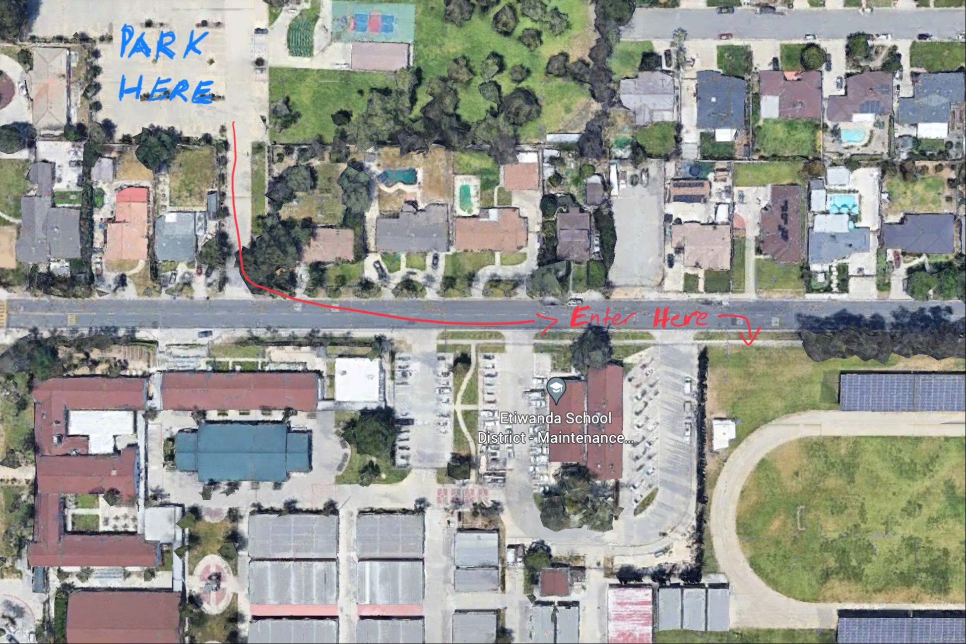 aerial view of school Intermural parking.location. Park at the latter day saints church parking lot and enter the school on Victoria ave at the field
