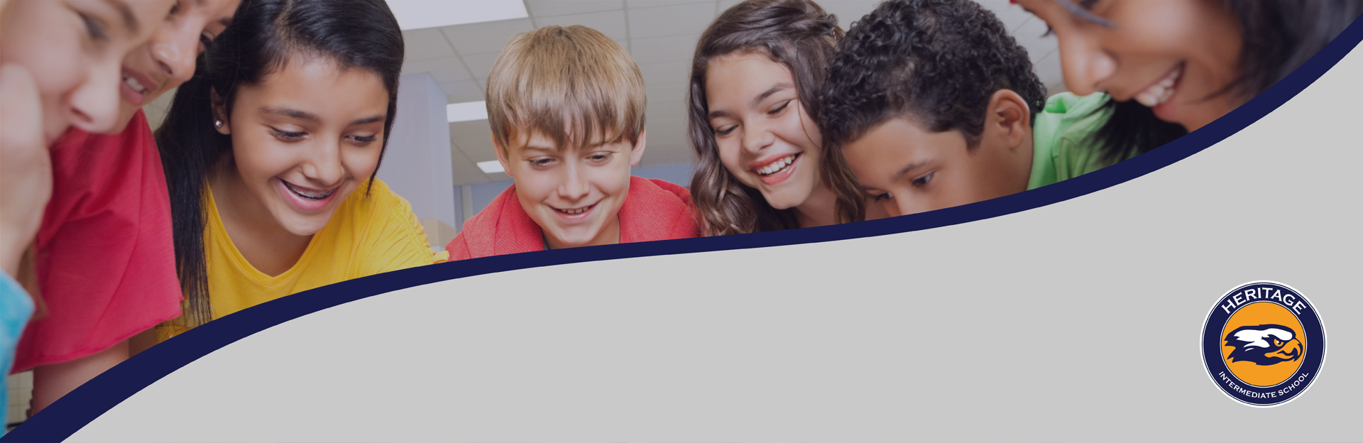 Students smiling and school logo