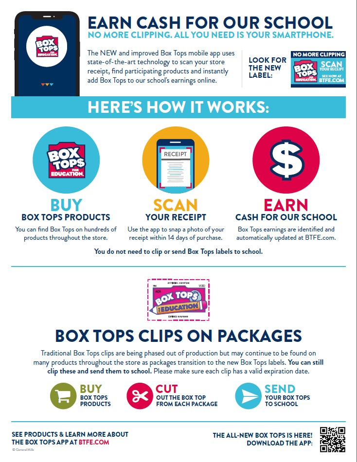 Earn cash for our school; No more clipping; All you need is your smartphone; The new and improved Box Tops mobile app uses state-of-the-art technology to scan your store receipt, find participating products and instantly add Box Tops to our school's earnings online. Look for the new label: No more clipping box tops for education; Scan your receipt; see how it works at btfe.com; Here's how it works: Buy box tops products; You can find Box Tops on hundreds of products throughout the store. Scan your receipt; Use the app to snap a photo of your receipt within 14 days of purchase; Earn cash for our school; Box Tops earnings are identified and automatically updated on BTFE.com ; You do not need to clip or send Box Top labels to school; Box Tops Clips on Packages; Traditional Box Tops clips are being phased out of production but may continue to be found on many products throughout the store as packages transition to the new Box Tops labels. You can still clip these and send them to school. Please make sure each clip has a valid expiration date. Buy box tops products. Cut out the box top from each package. Send your box tops to school. See products & learn about the box tops app at btfe.com; The all-new box tops is here! Download the App: Scan the QR code.