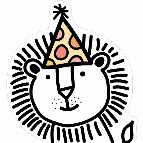 Smiling cartoon lion wearing a party hat
