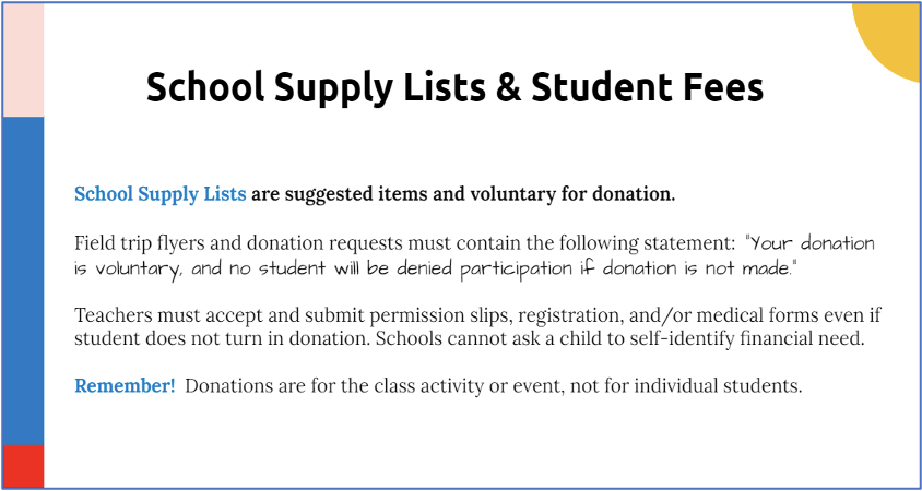 school supply lists & student fees