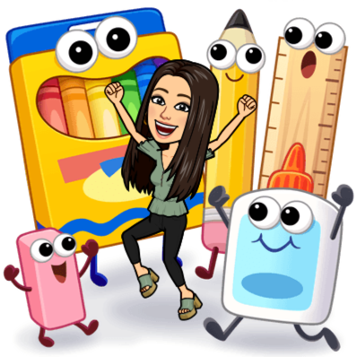 bitmoji cartoon of Mrs. Martinez; She has long black hair; wearing a pink shirt and waving; Words in front of her read "hello"