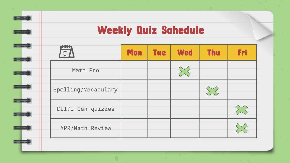 Weekly Quiz and Test Schedule