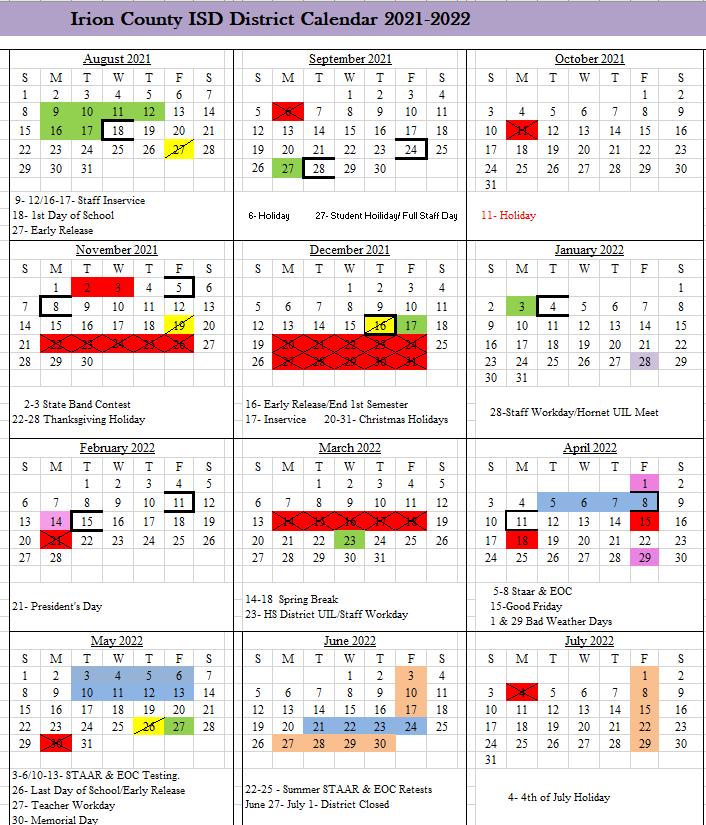 District Calendar Irion County ISD