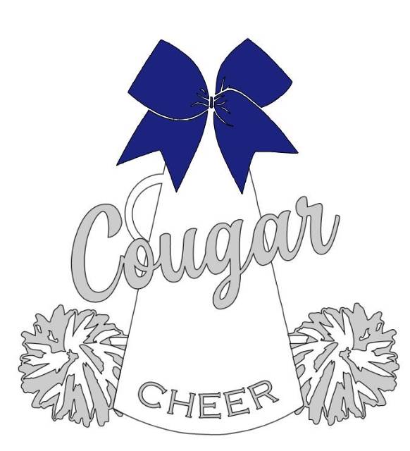 Megaphone with a bow and pom poms with Cougar across it