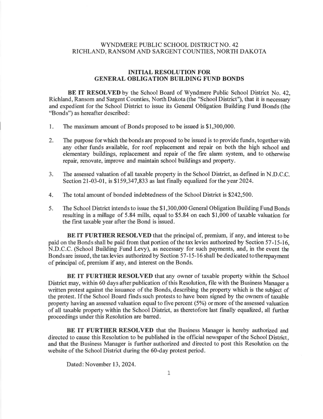 Initial Bond Resolution